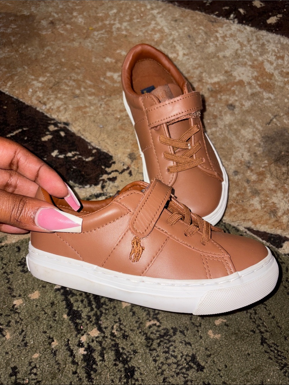 Ralph Lauren Kids Tan Brown Leather-Look Velcro Sneakers